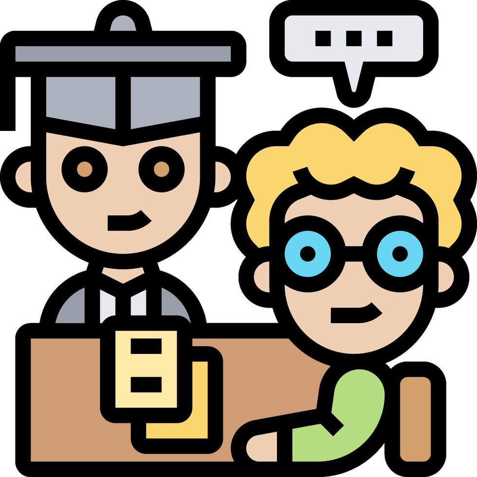A cartoon of two people sitting at a table with a speech bubble vector