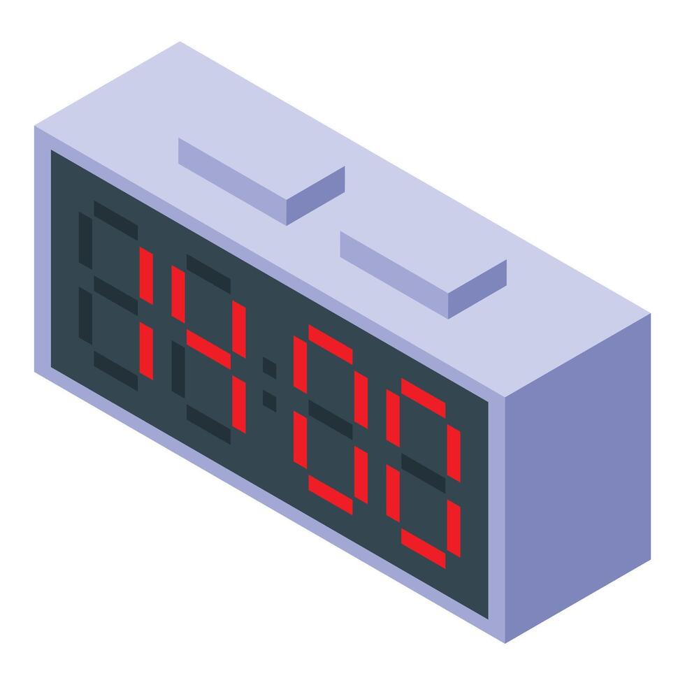 Digital alarm clock showing time in red numbers isometric view vector