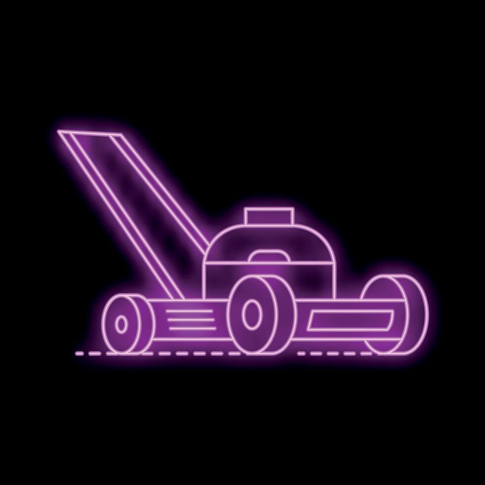 Glowing neon icon of a lawn mower on black background vector