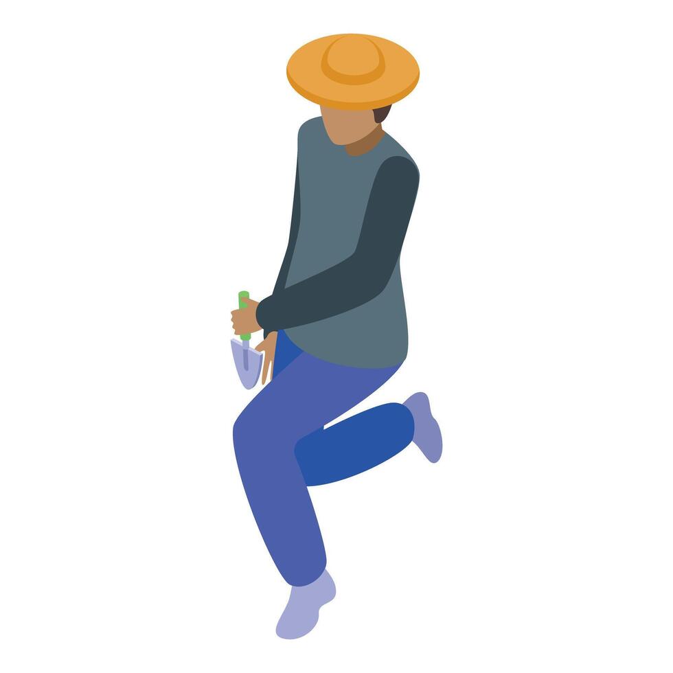 This is a 3d isometric illustration of a farmer holding a trowel vector