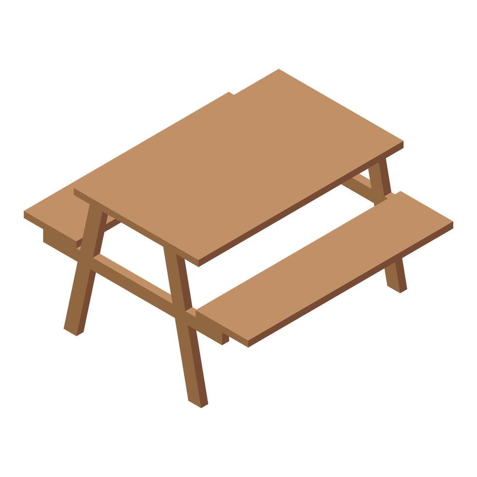 Wooden picnic table with attached benches isometric illustration vector