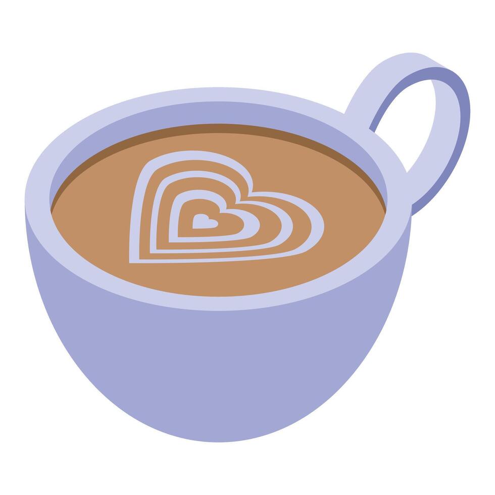 Blue cup of coffee with latte art heart shape foam design isometric view vector