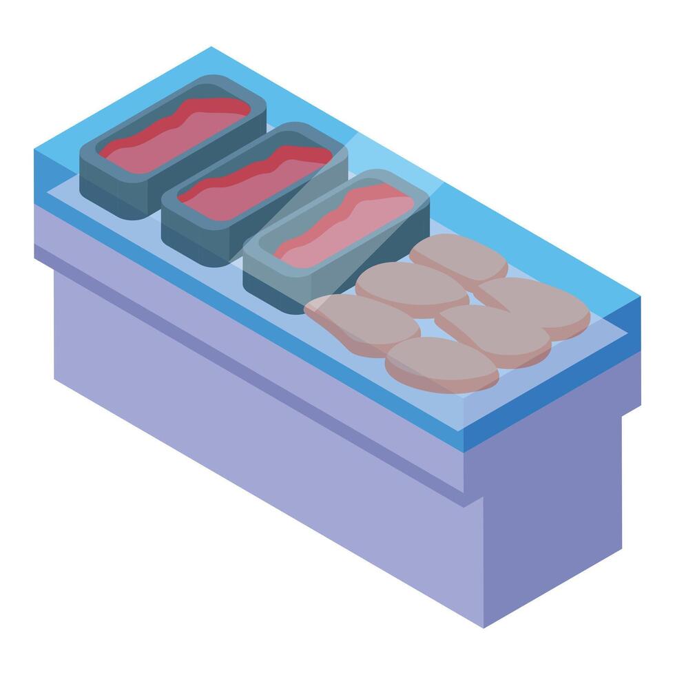 Refrigerated meat display case showing chicken and beef vector