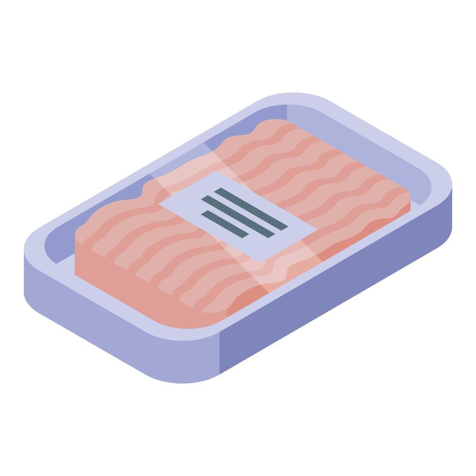 Plastic tray holding raw minced meat for sale in supermarket vector