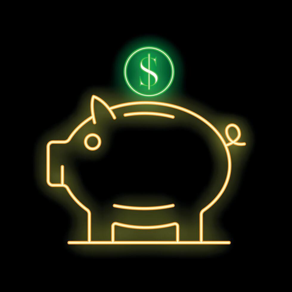 Neon piggy bank glowing with dollar sign on black background vector