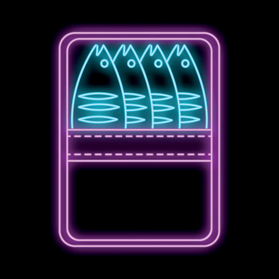 Neon icon of canned sardines glowing on black background vector