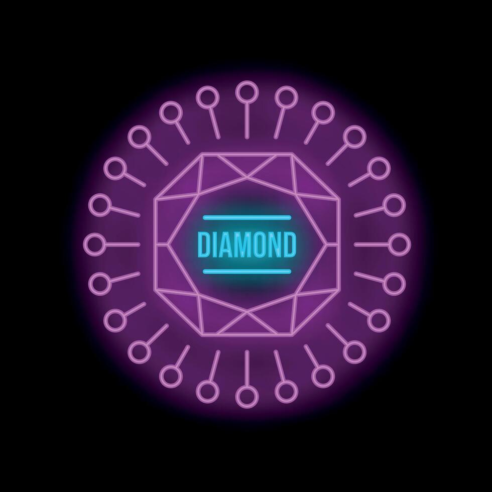 Neon sign diamond icon with geometric lines glowing on black background vector