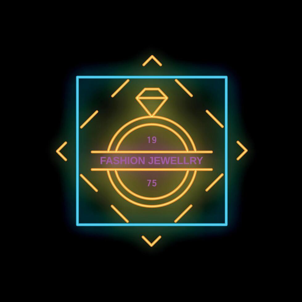 Neon sign fashion jewellery with diamond ring icon in square frame vector