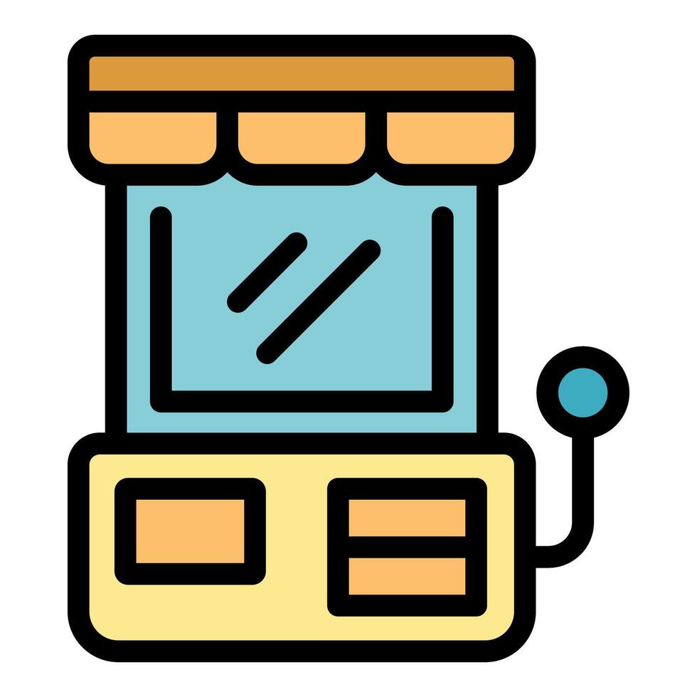 Arcade game machine with joystick and awning, retro gaming console icon vector