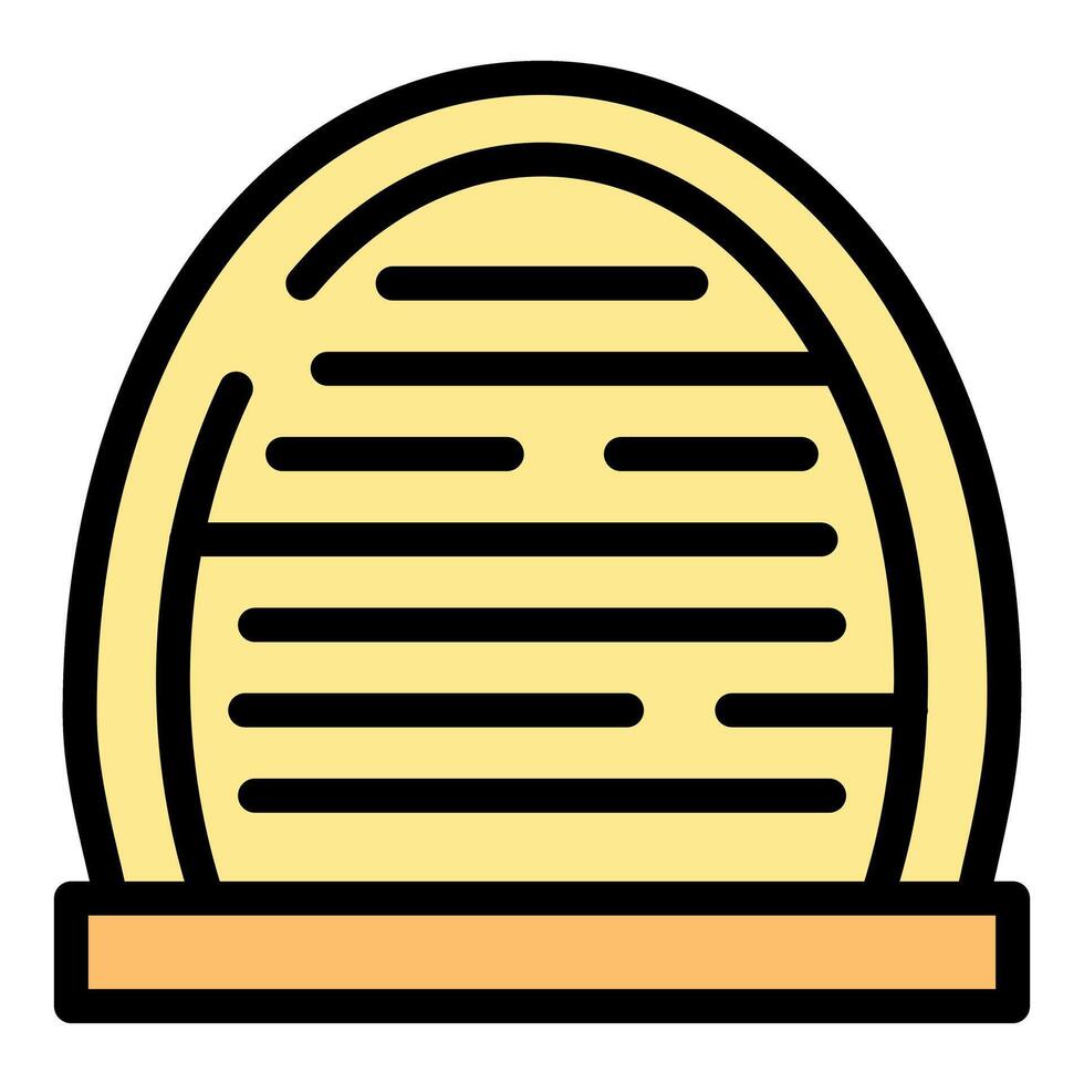 Round wicker basket with lid standing on wooden surface vector