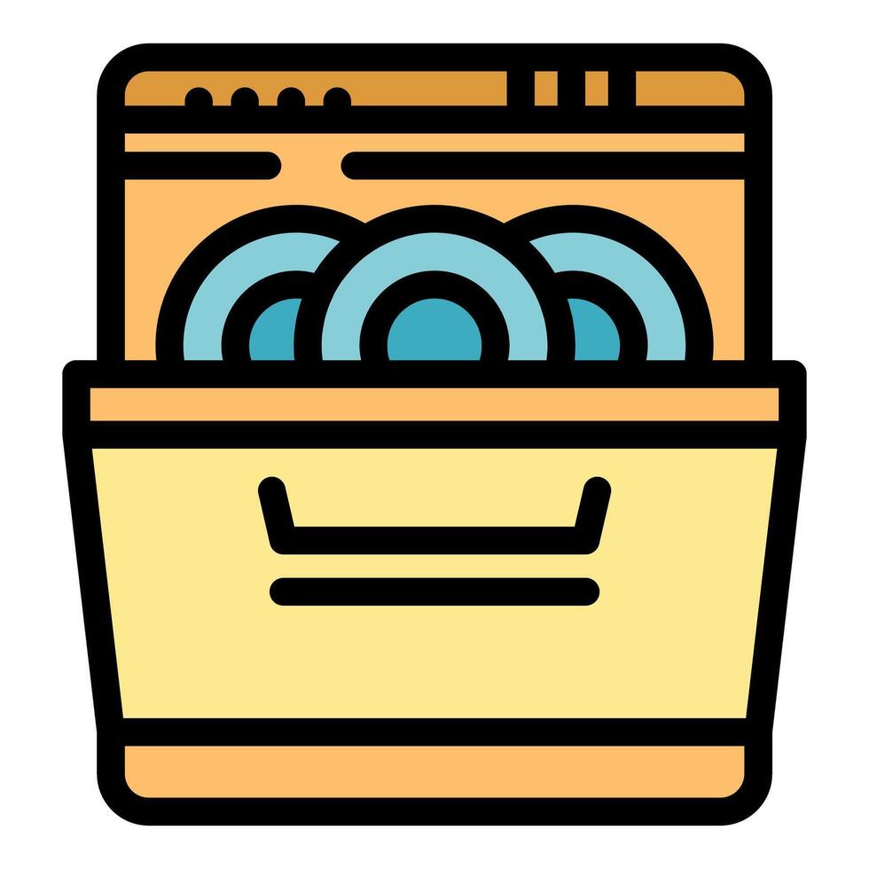Open dishwasher containing clean plates after washing cycle vector