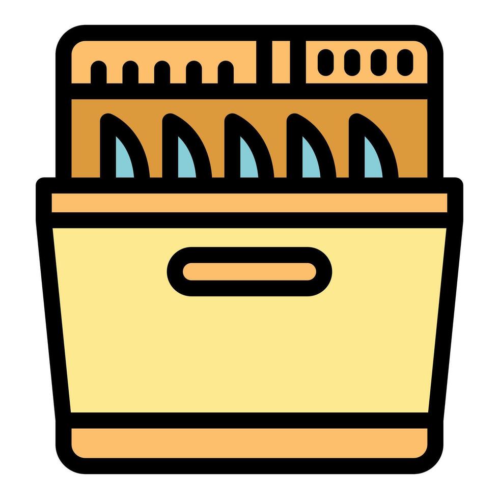 Open dishwasher with clean plates inside showing utensil basket and control panel vector