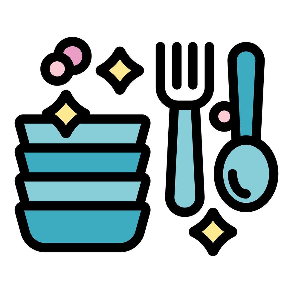 Sparkling clean dishes stacked with fork and spoon suggesting a delicious meal vector