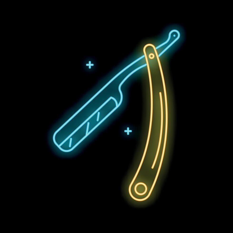 Neon straight razor shining on black background vector