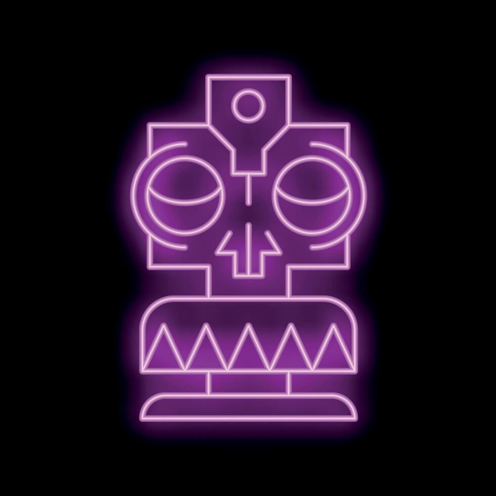 Bright neon sign showing a tiki idol with big eyes and a skull nose on a black background vector