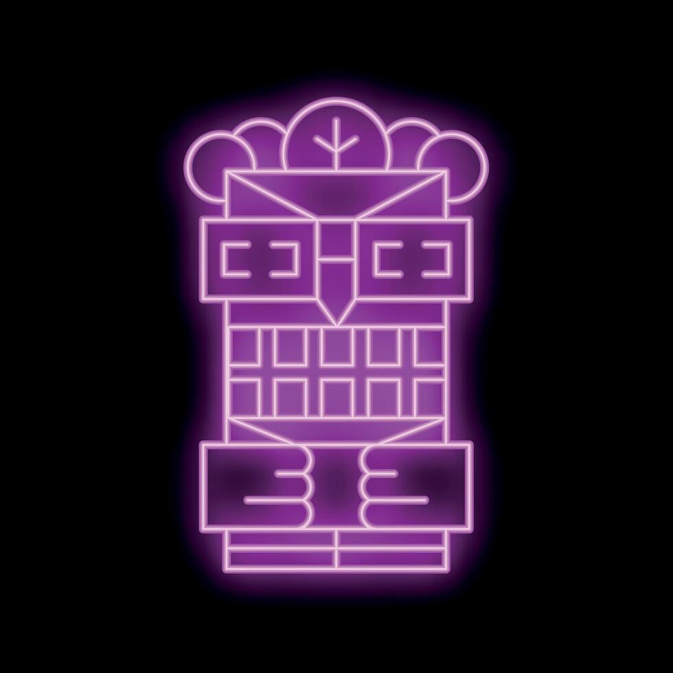 Neon glowing sign of a traditional totem pole with a scary face on a black background vector