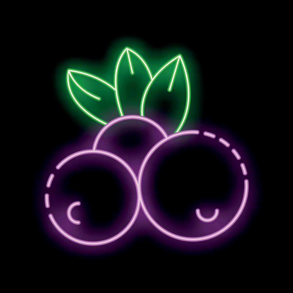 Neon sign showing three bright glowing blueberries with green leaves vector