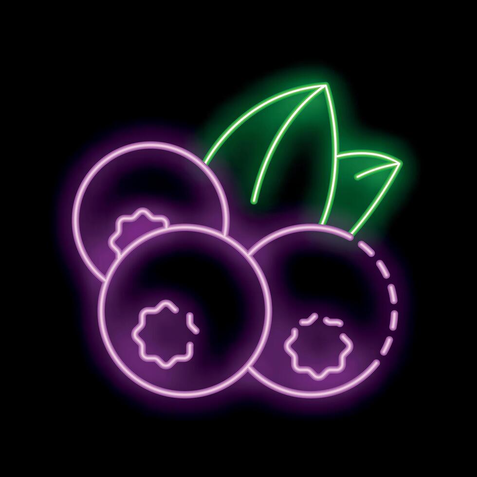 Neon sign depicting three vibrant blueberries with green leaves on black background vector