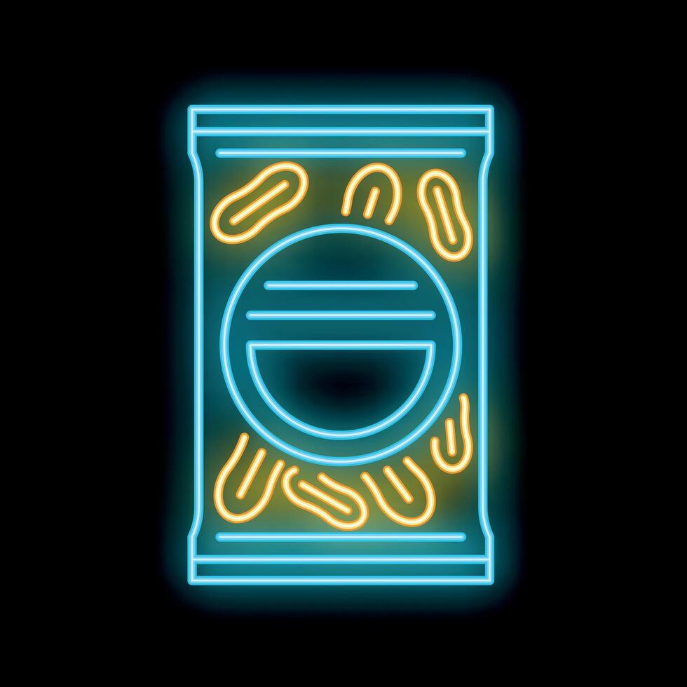Glowing neon sign of a pack of peanuts on a black background vector