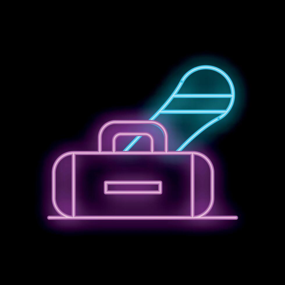 Neon icon of snowboard leaning on travel bag on black background vector
