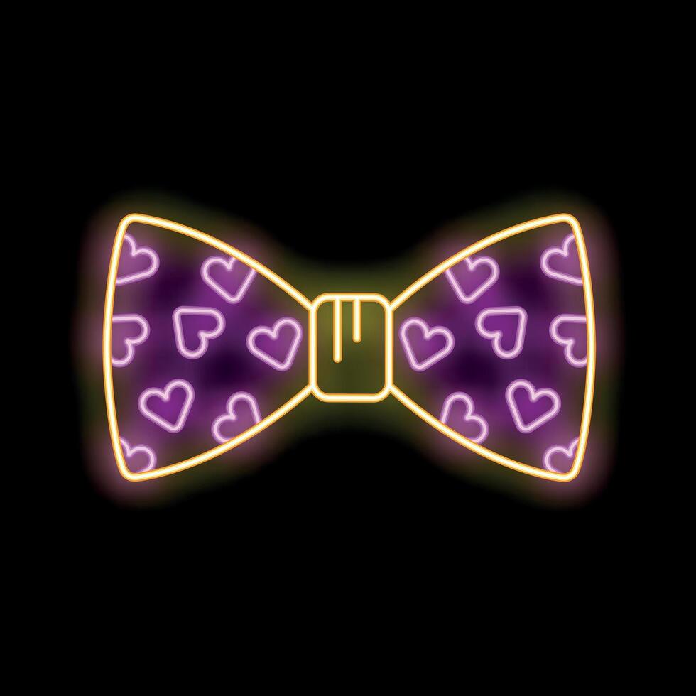 Neon bow tie with hearts shining on black background vector