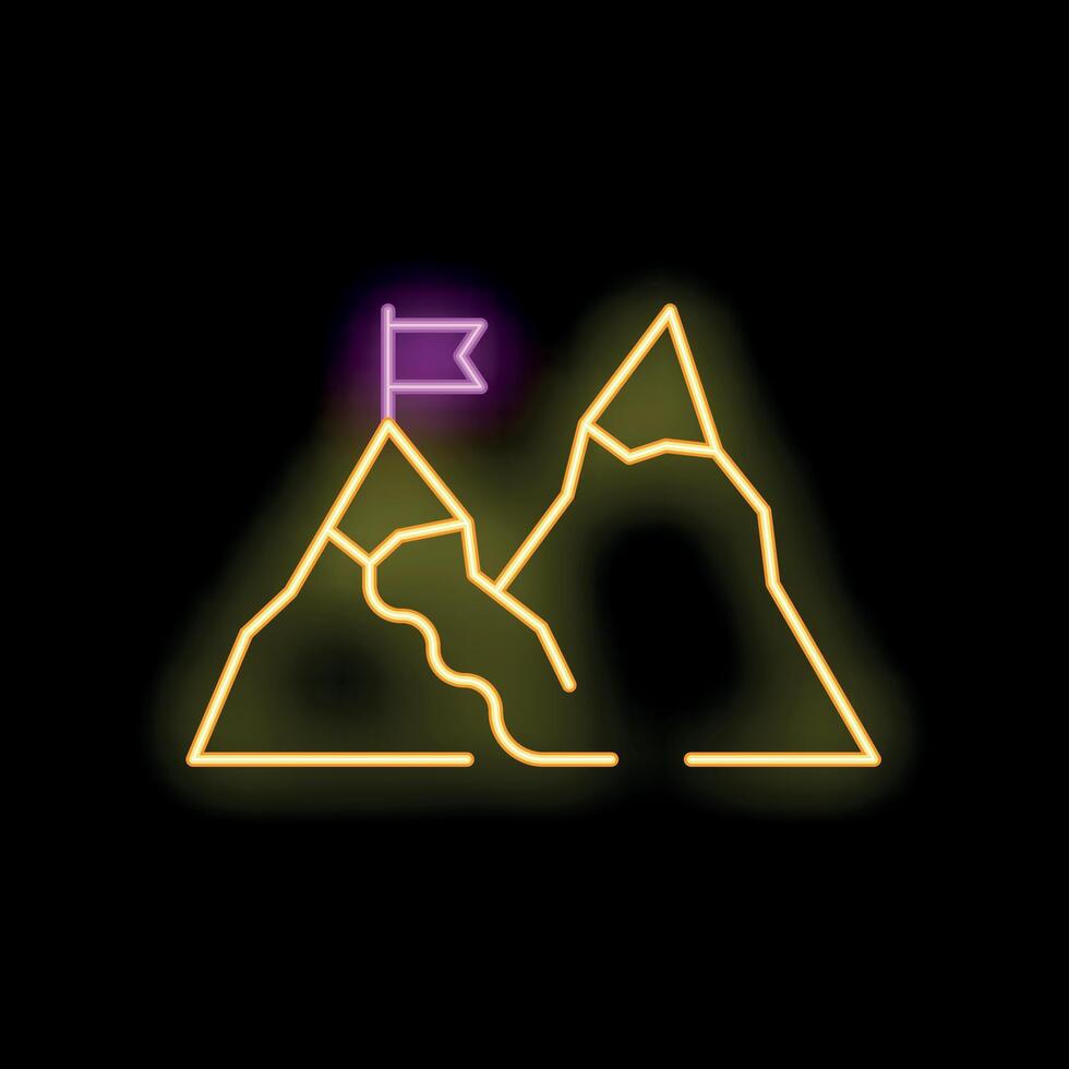 Neon sign depicting mountains with flag on top symbolizing reaching goals vector