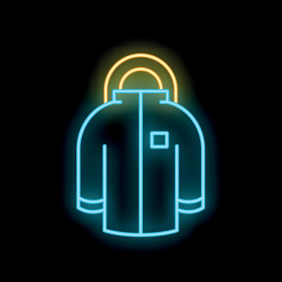 Glowing neon line winter jacket icon isolated on black background. Vector illustration