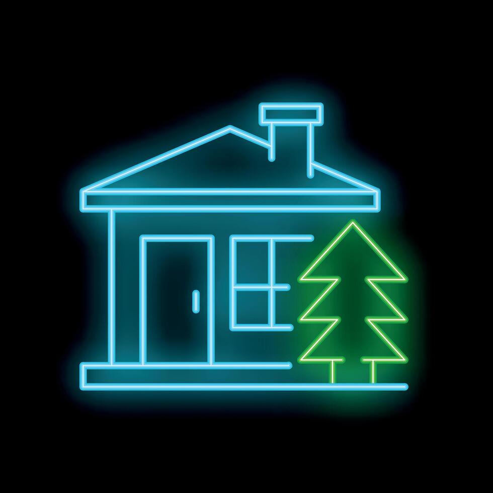 Neon house icon with glowing green tree on black background vector