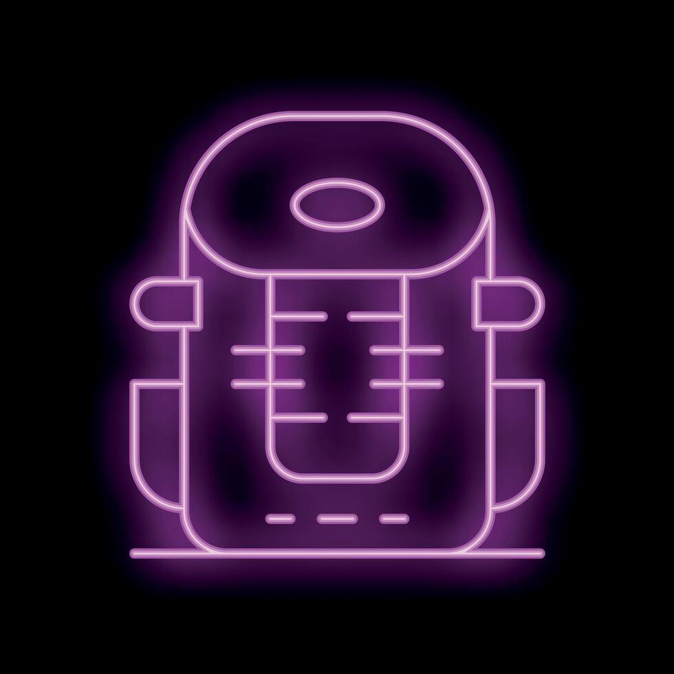 Neon backpack shining on black background symbolizing travel and adventure vector