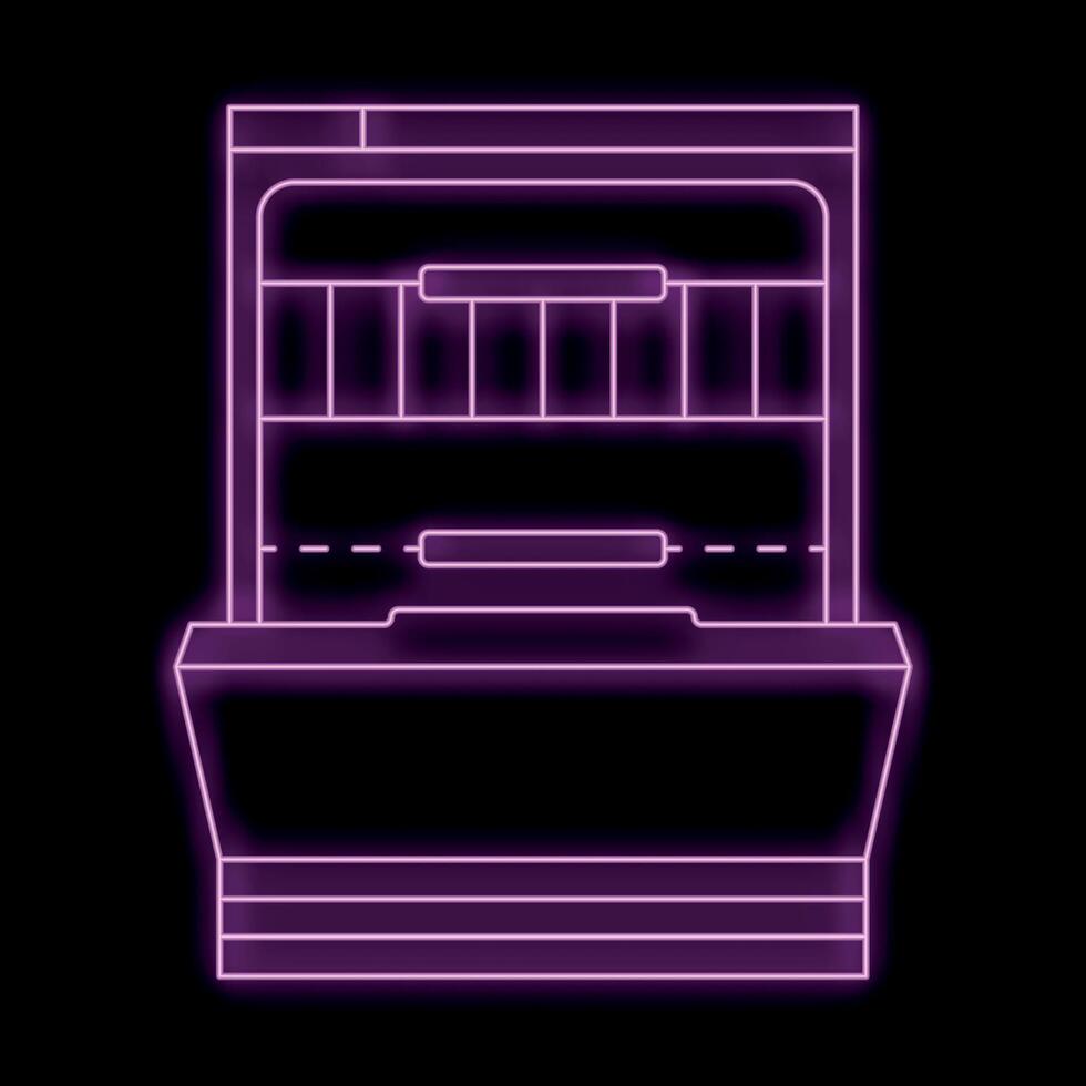 Glowing purple neon icon of a dishwasher with an open door vector