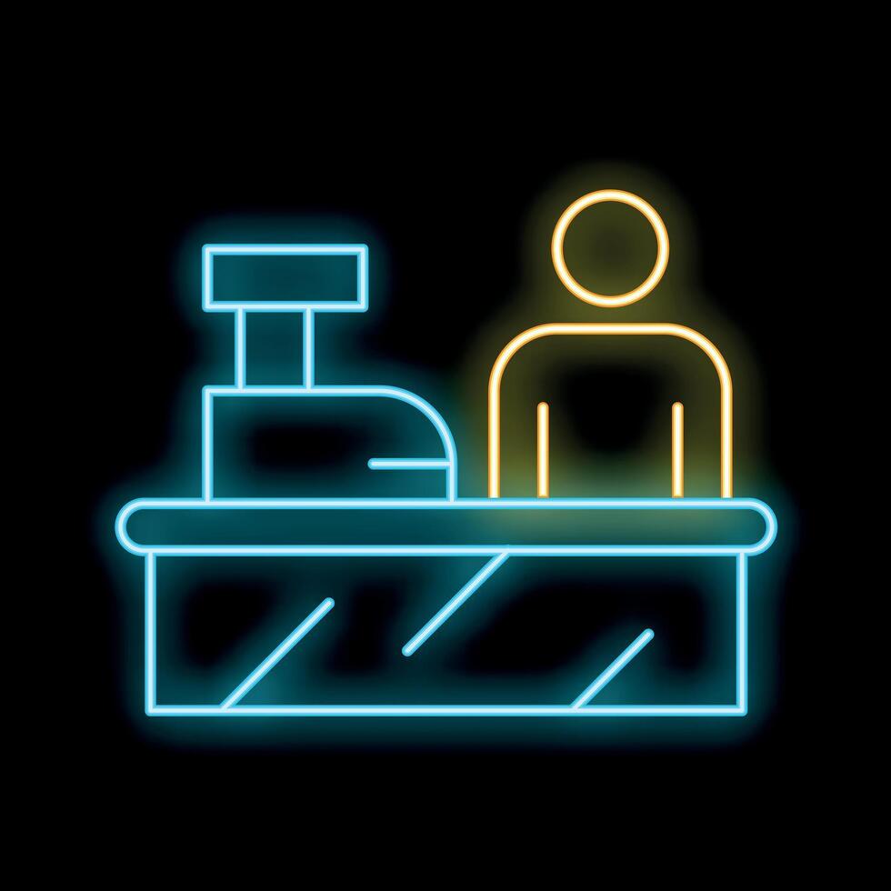 Glowing neon line icon of a cashier standing behind their checkout counter in a supermarket vector