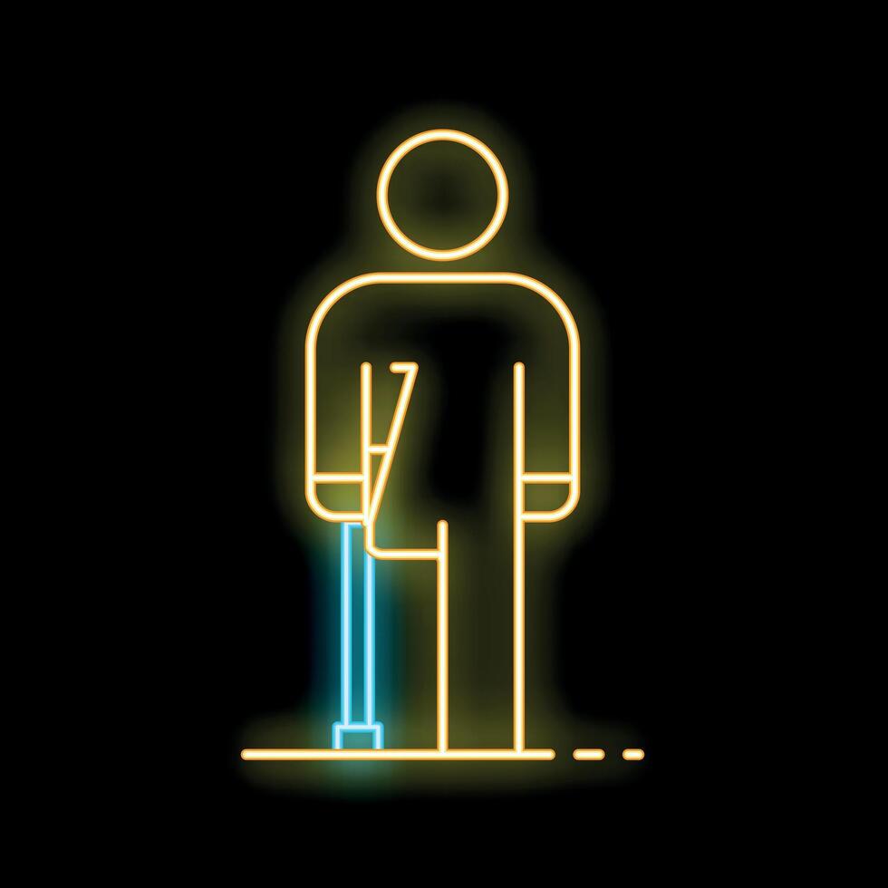 Glowing neon line icon for a person using crutches on black background vector