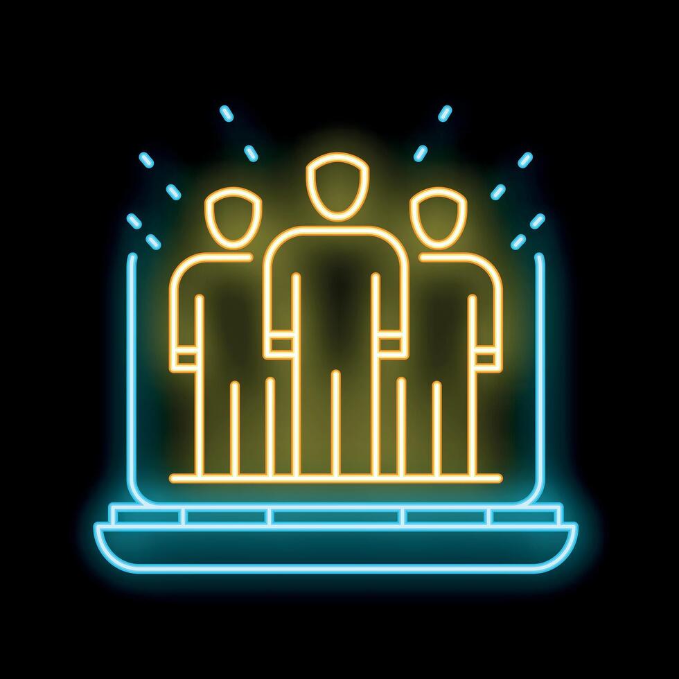 Neon icon of business people team emerging from laptop screen vector