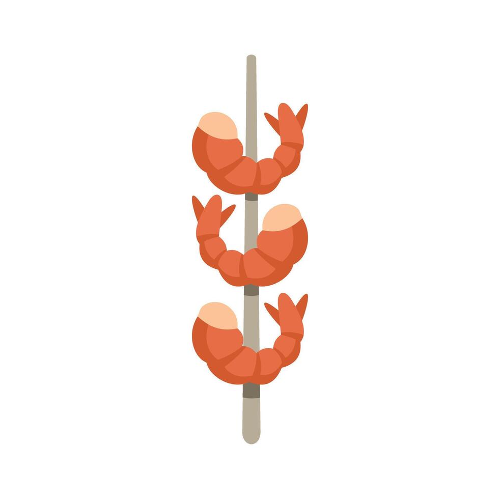Three shrimps skewers on a stick for barbecue party vector