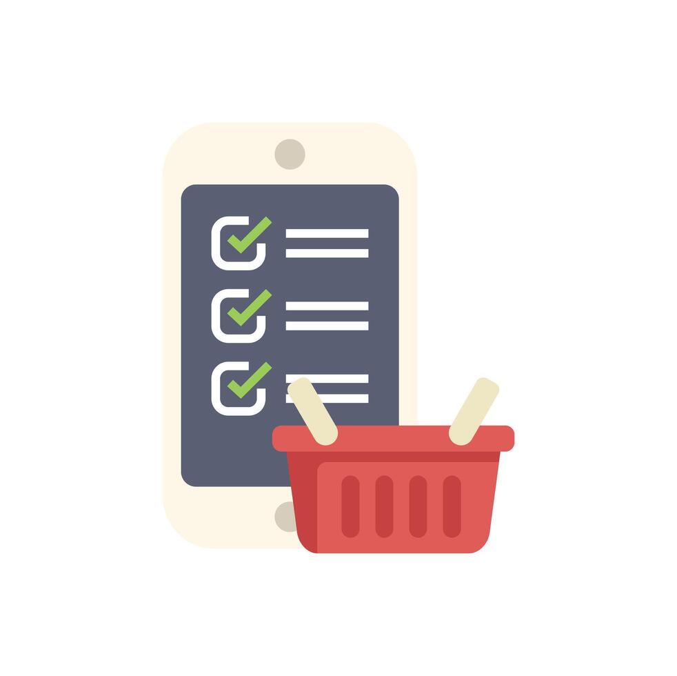Smartphone showing completed checklist for online shopping with shopping basket beside it vector