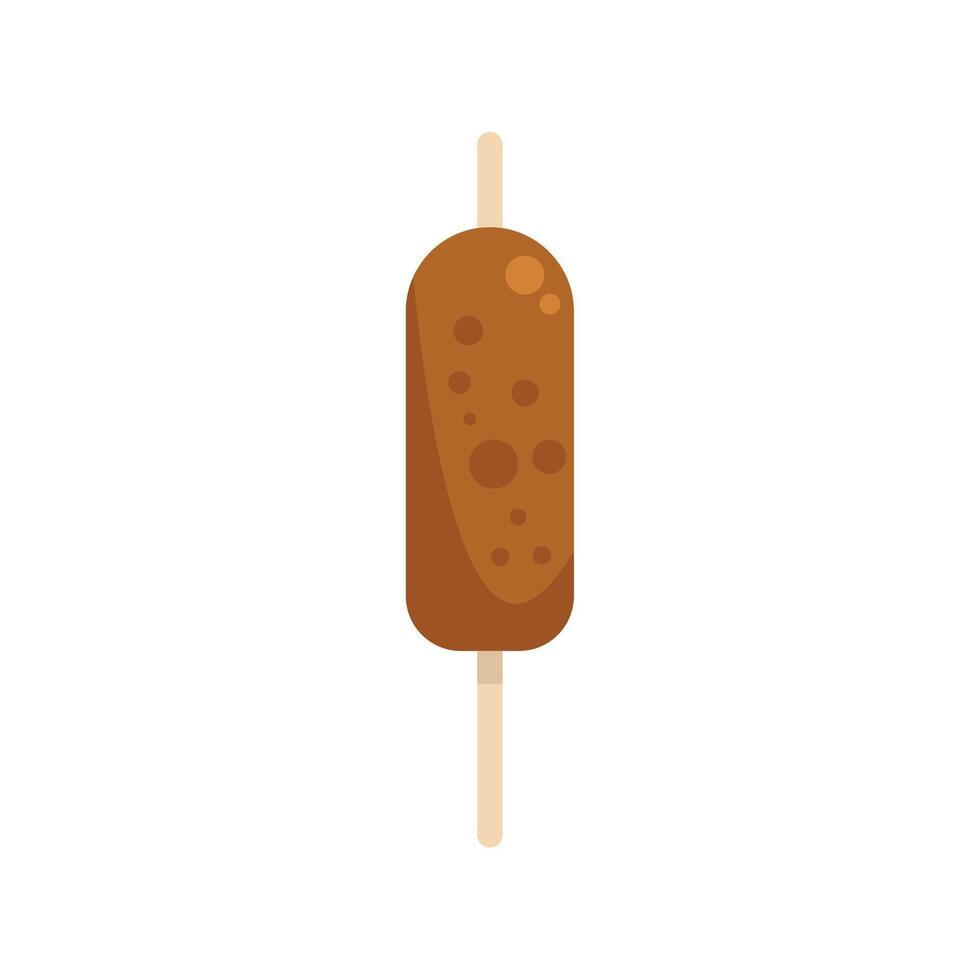 Corn dog on a stick being held up against white background vector