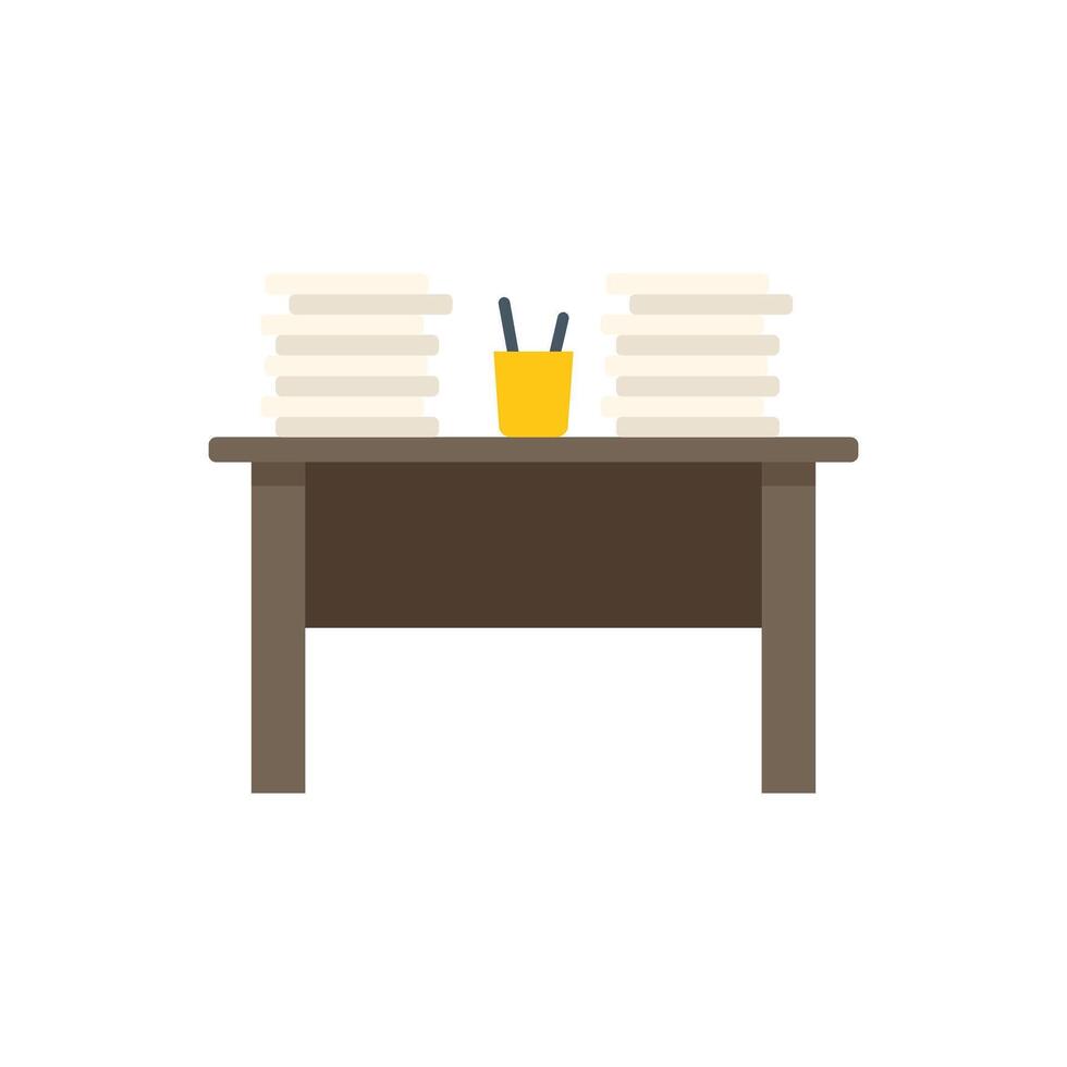 Office desk holding stacks of paper and pencils in a cup vector