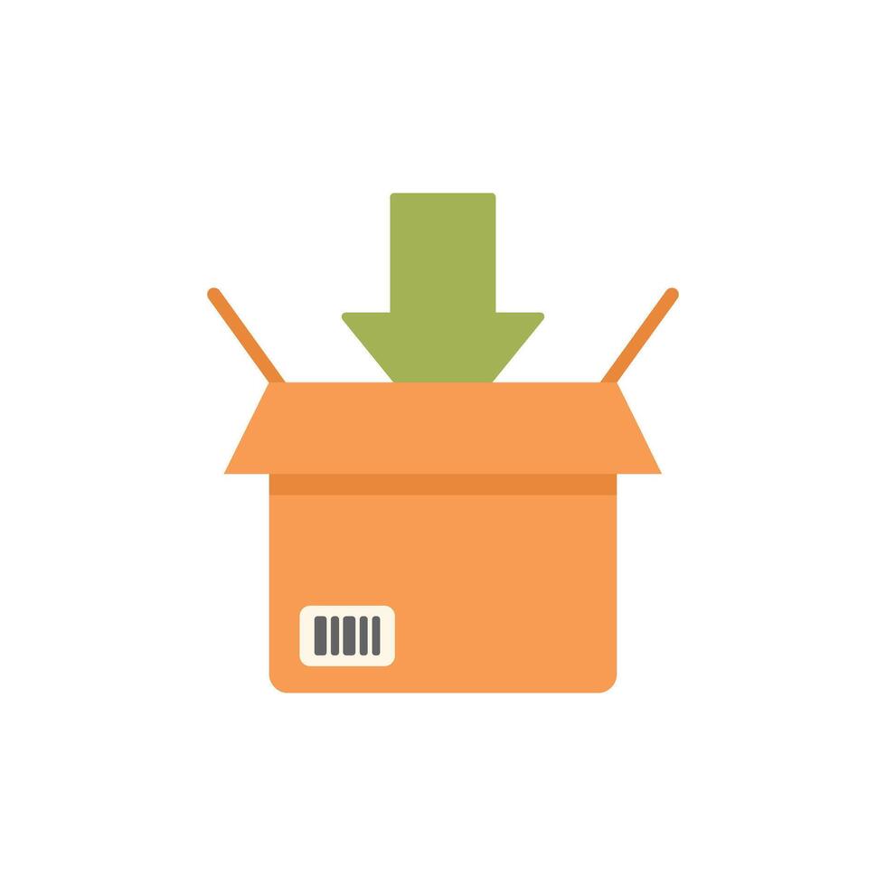 Green arrow pointing down entering open cardboard box package with barcode vector