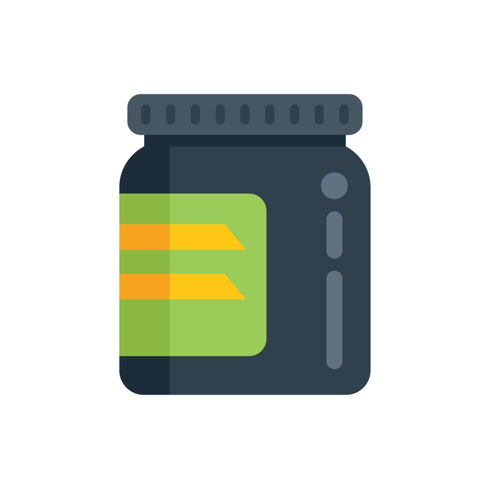 Black plastic jar with green label for supplements or vitamins vector