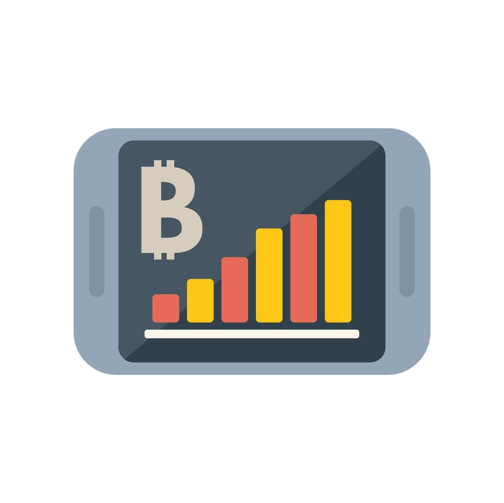 Tablet showing bitcoin value increasing with upward trend on screen graph vector