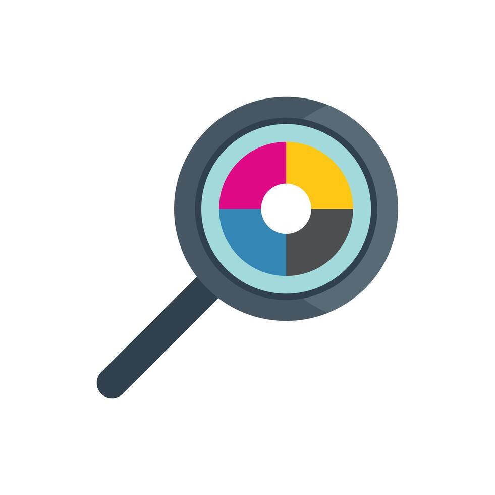 Magnifying glass examining cmyk color model in printing industry vector
