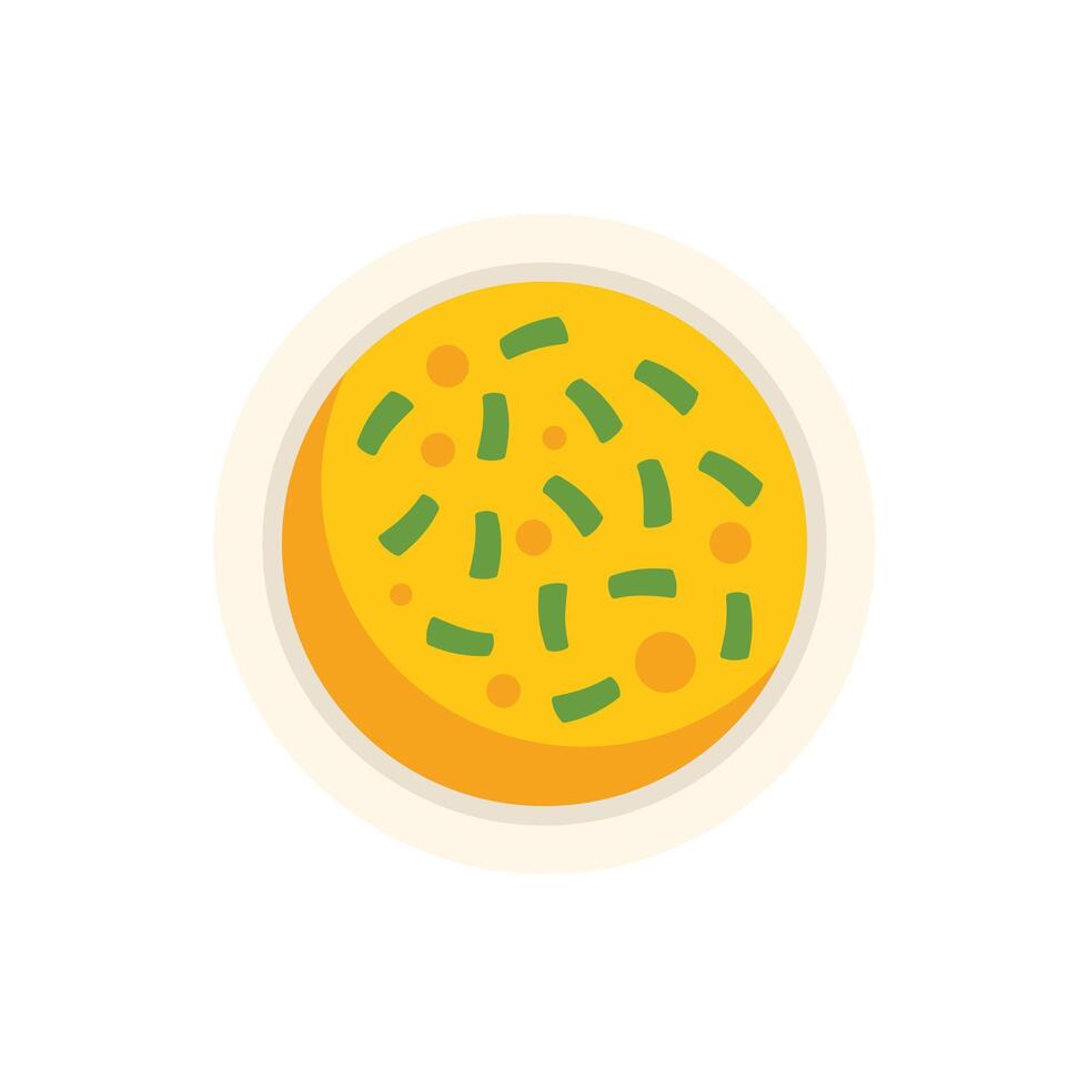 Yellow soup with herbs in bowl top view illustration vector