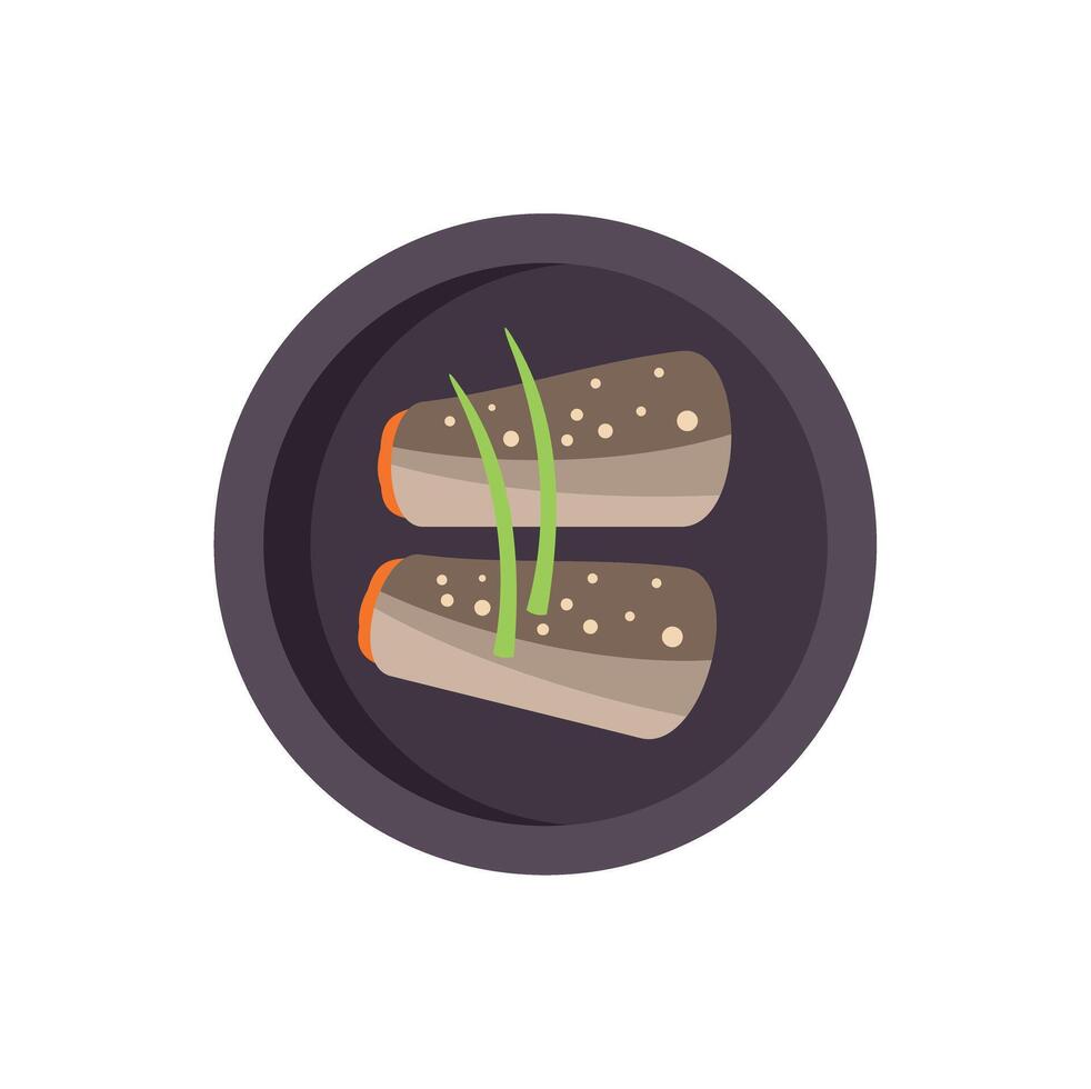 Salmon fillets being served on a plate with garnish vector