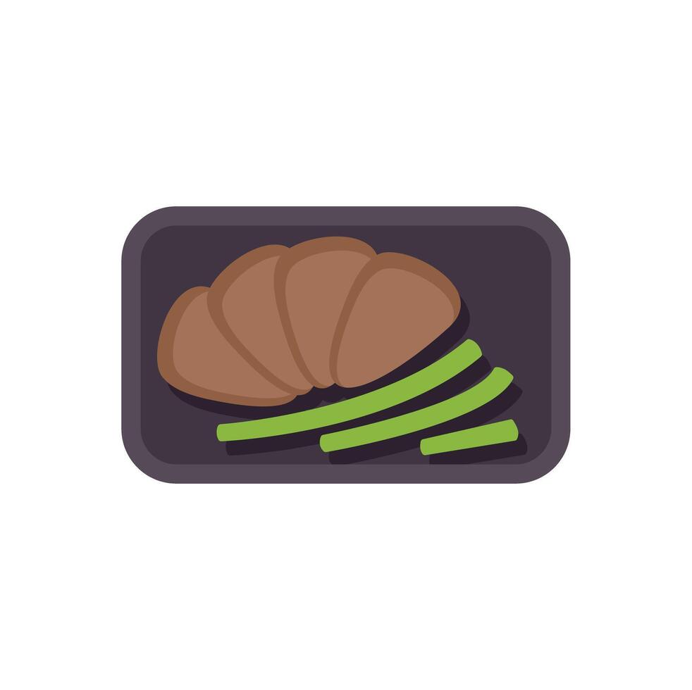 Sliced roast beef and asparagus on a black serving tray vector