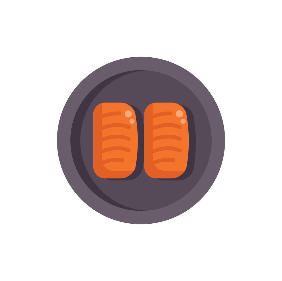 Two grilled salmon fillets on a round plate, top view vector