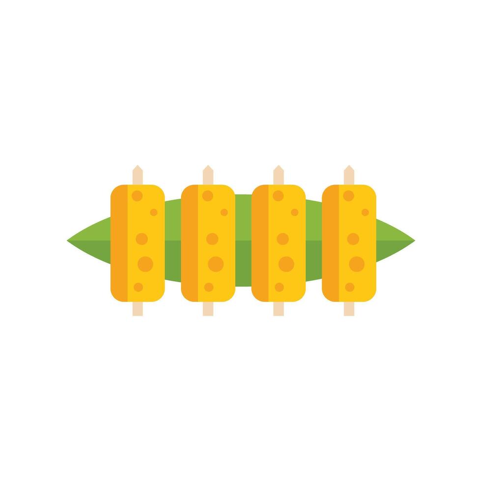 Corn cob skewers lying on green leaf, minimalist flat design illustration vector