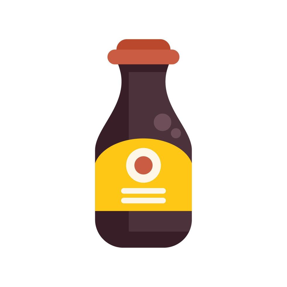 Glass bottle containing dark liquid with yellow label featuring blank space for branding vector