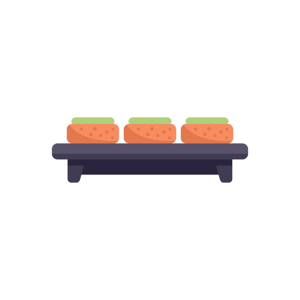 Sushi pieces with wasabi on top standing on wooden serving board vector
