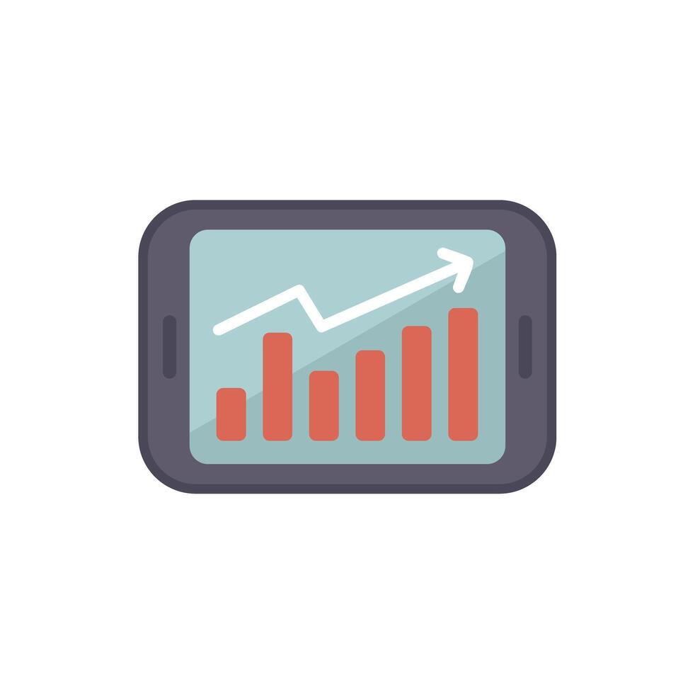 Mobile phone showing growing bar chart with upward arrow vector