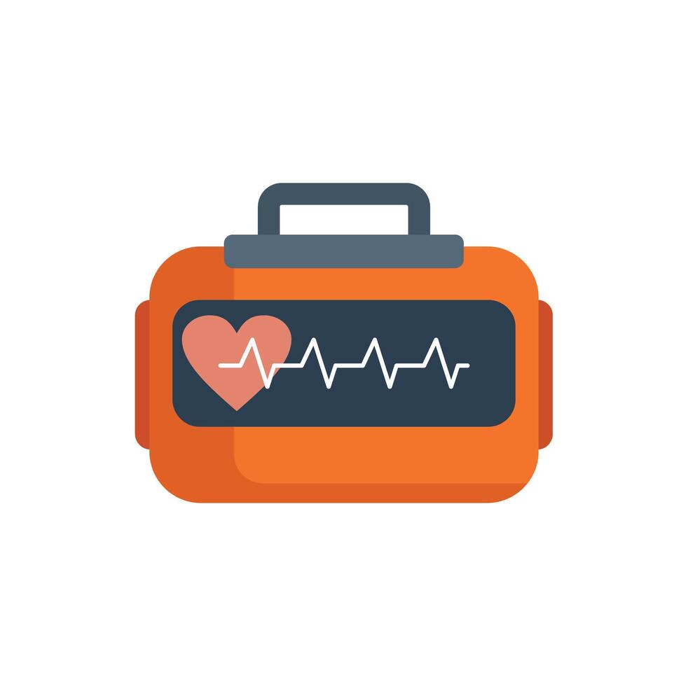 Orange defibrillator showing heartbeat on screen vector